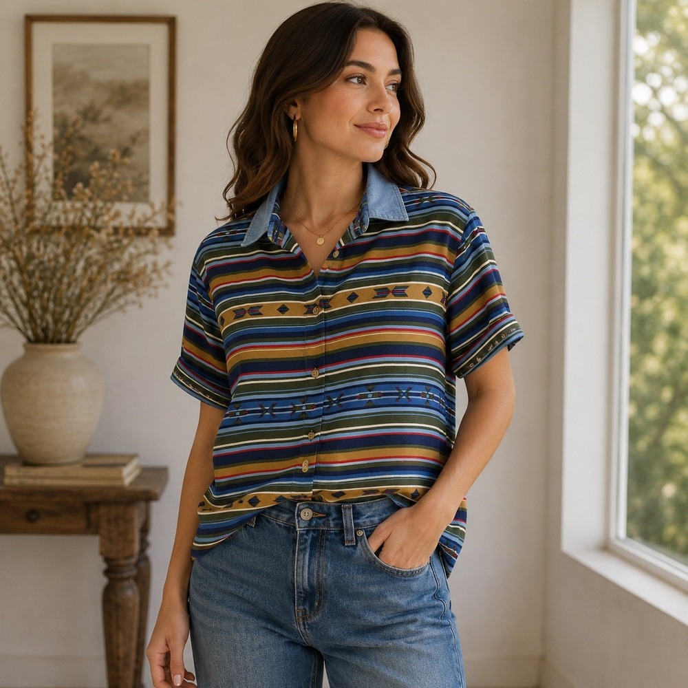 Vintage Southwestern Stripe Button Down M Shirt Denim Collar Blue‎ Green Multi